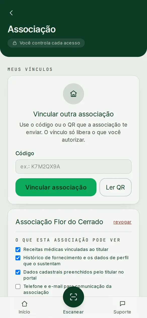 Tela de associação com o vínculo ativo e a lista do que a associação pode ver