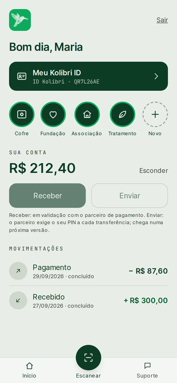 Início do app com a carteira: saldo em reais e as movimentações recentes