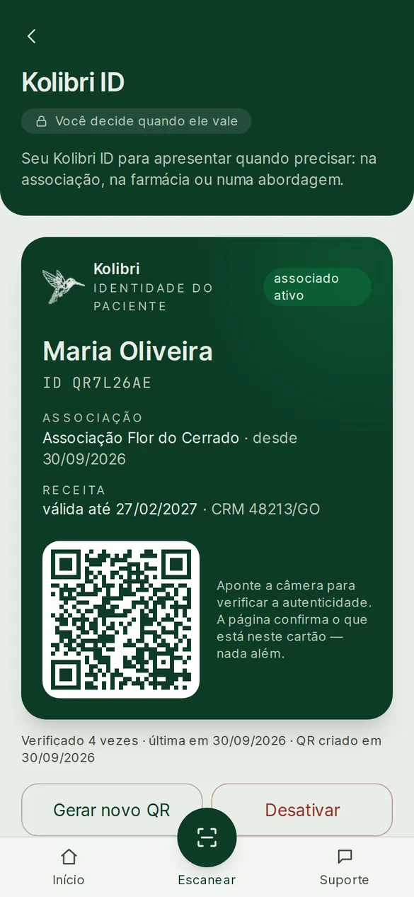 Kolibri ID do paciente com nome, associação, receita válida e QR de verificação