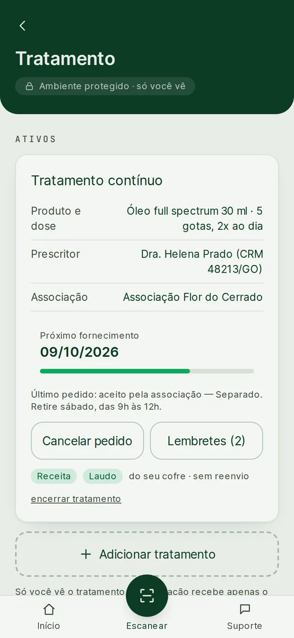 Tela de tratamento com produto, dose, prescritor, próximo fornecimento e pedido aceito pela associação