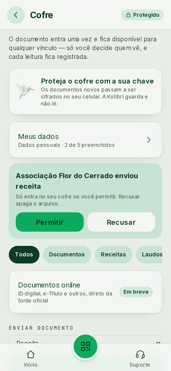 Cofre do paciente no app, com um documento enviado esperando a permissão dele