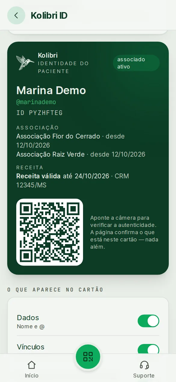 Tela do Kolibri ID no app: o cartão com nome, associações, receita válida e o QR de verificação, e o que aparece no cartão